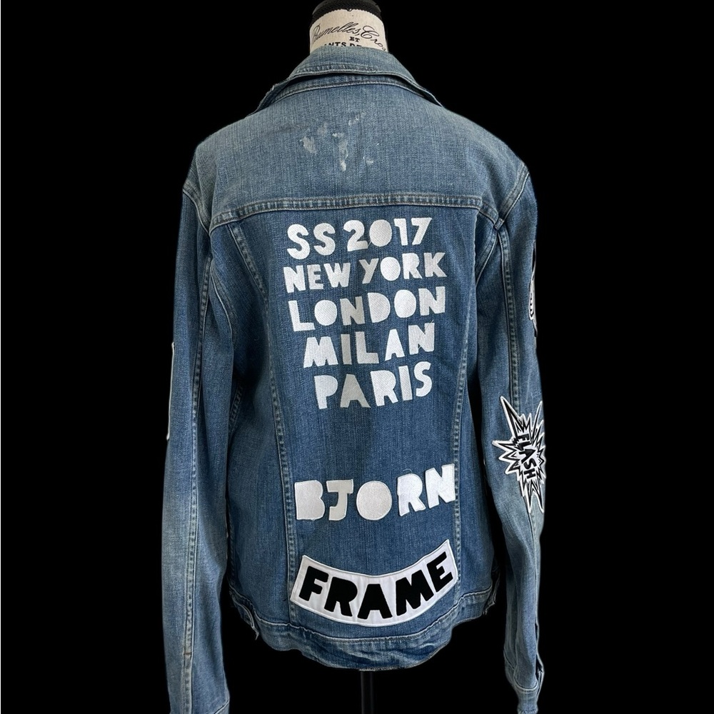 FRAME x Bjorn Iooss SS17 Denim Jacket Patches Distressed Blue Size M Rare - Picture 3 of 11